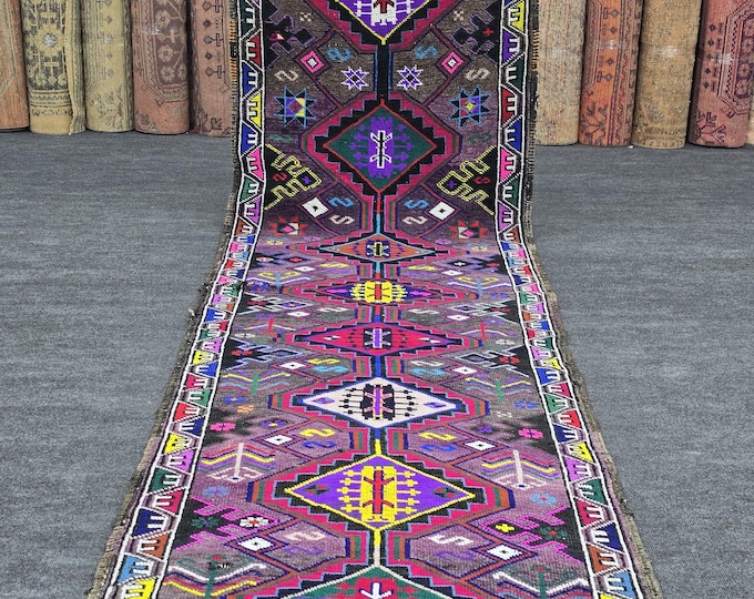 3x12 Vintage Turkish Wool Runner, Purple Geometric Hallway Rug, Hand Knotted Colorful Carpet