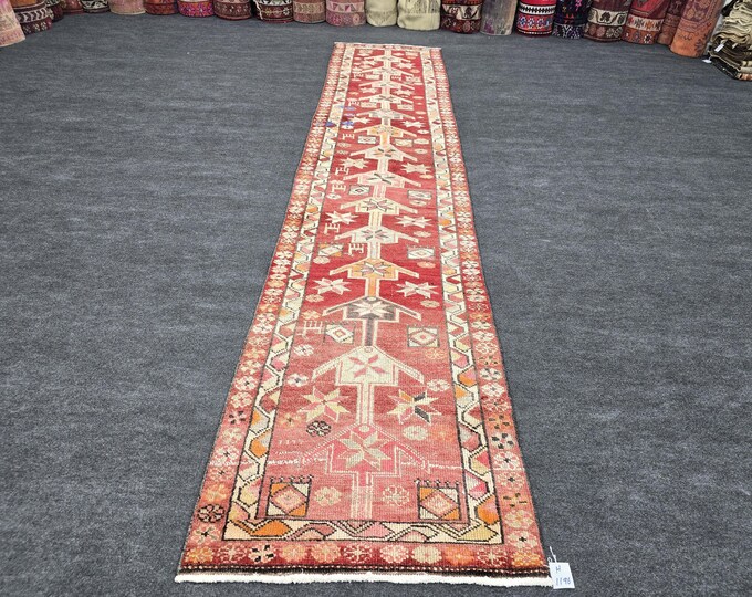 2x12 Vintage Turkish Runner Rug, Red Floral Hallway Carpet, 2'5" x 11'7"