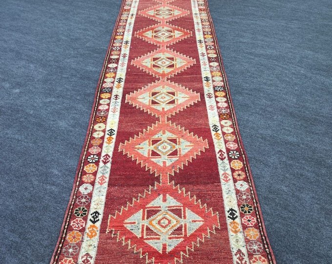 3x13 Vintage Turkish Herki Runner Rug, Burgundy Red Peach Geometric Wool Hallway Rug