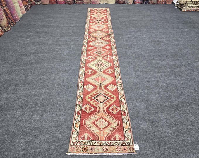 2x14 Vintage Turkish Runner Rug, Faded Red Geometric Hand Knotted Wool Hallway Carpet