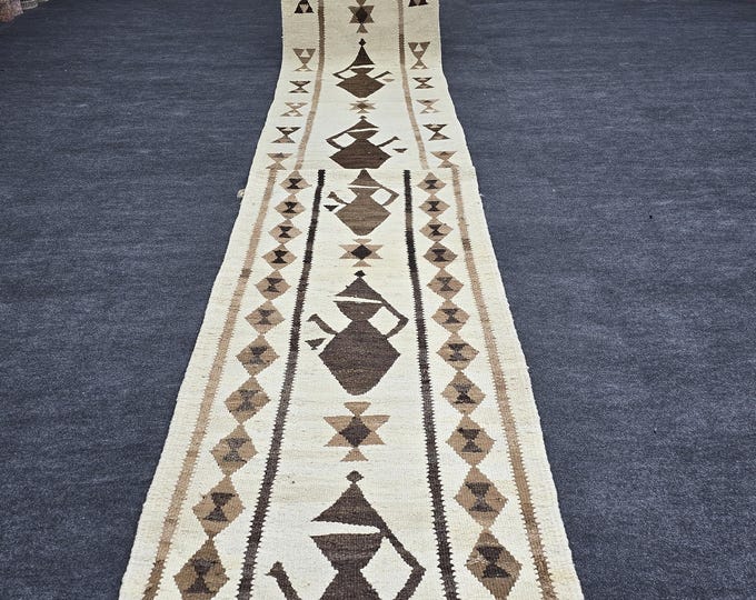 3x9 Vintage Moroccan Berber Runner Rug, Ivory Brown Handmade Wool Geometric Hallway Runner