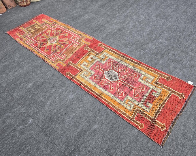 3x10 Vintage Turkish Runner Rug, Faded Red Handmade Wool Geometric Anatolian Hallway Runner