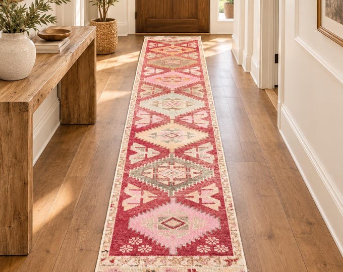 Vintage Turkish Runner Rug 2x11, Handmade Narrow Pink Wool Anatolian Tribal Carpet