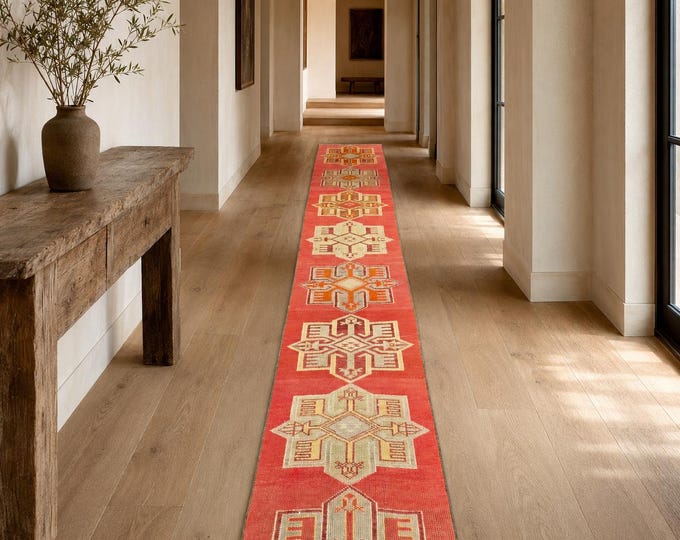 2x12 Vintage Turkish Runner Rug, Handmade Wool Red Tribal Anatolian Hallway Kitchen Carpet