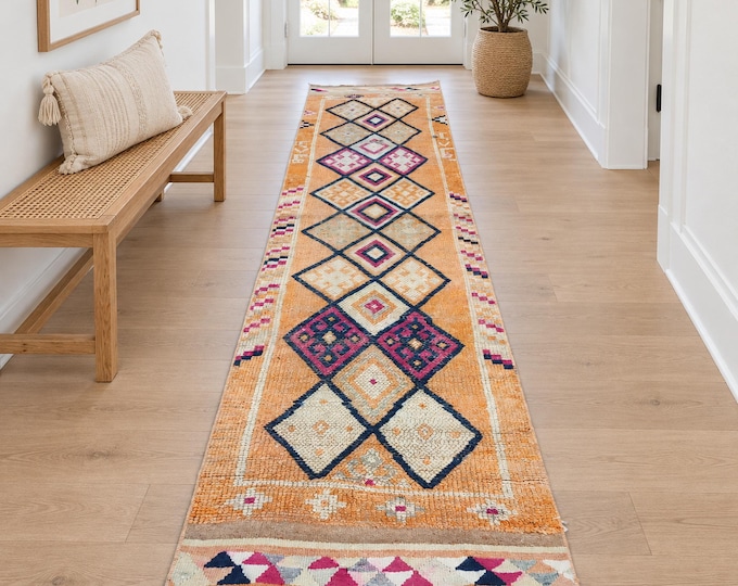 3x12 Vintage Turkish Wool Runner Rug, Orange Purple Geometric Design (2'6" x 11'8")