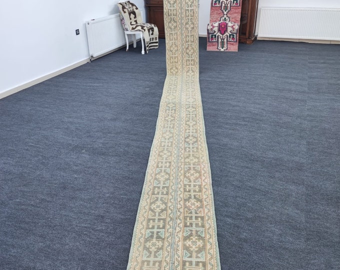 2x20 Vintage Turkish Oushak Runner Rug, Handmade Wool Extra Long Hallway Stair Carpet