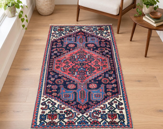 3x6 Vintage Turkish Wool Area Rug, Red Navy Geometric Medallion, 3'2" x 5'5"