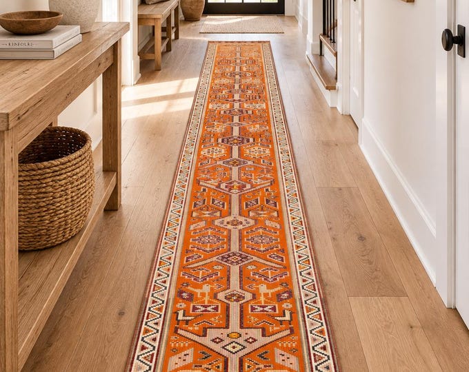 2x17 Vintage Turkish Runner Rug, Orange Wool Extra Long Anatolian Hallway Carpet