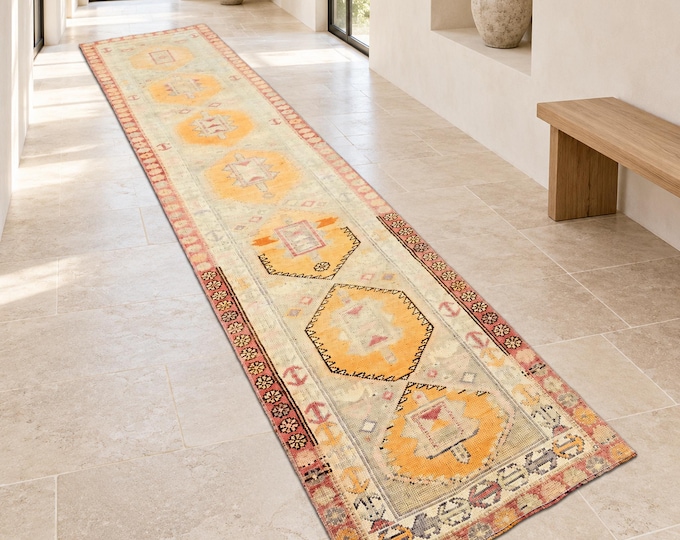 3x14 Vintage Turkish Runner Rug, Pale Orange Geometric Wool Hallway Runner, 2'9" x 14'2"