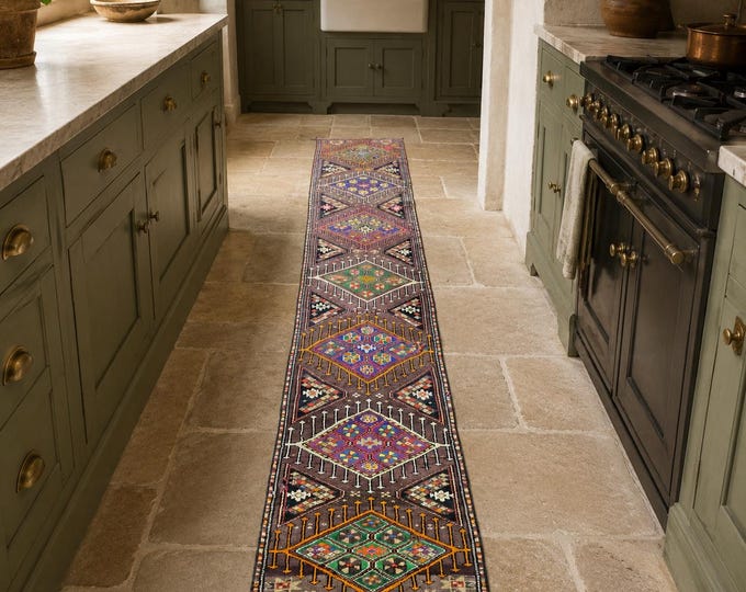 2x12 Vintage Turkish Runner Rug, Colorful Anatolian Wool Hallway Carpet, Hand-Knotted Geometric Medallion Design