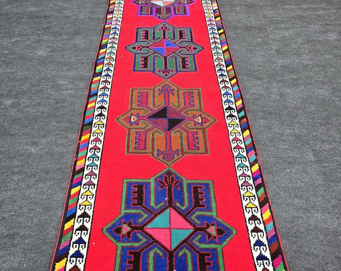 3x13 Vintage Turkish Oushak Wool Runner, Pink Geometric Hallway Rug (3' x 12'10")