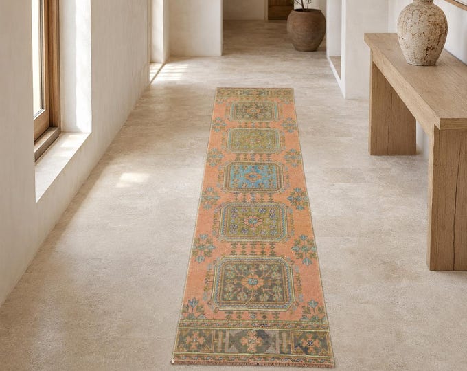 3x11 Vintage Turkish Oushak Runner Rug, Peach Wool Hallway Carpet, Floral Medallion Anatolian Design