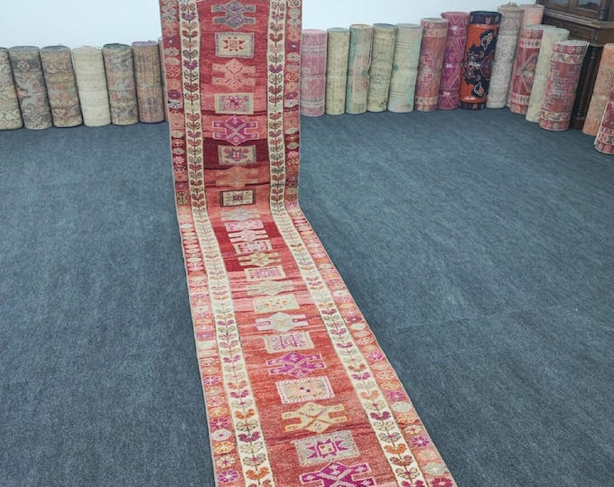 3x12 Vintage Turkish Runner Rug, Red Pink Handmade Wool Tribal Hallway Oushak Carpet