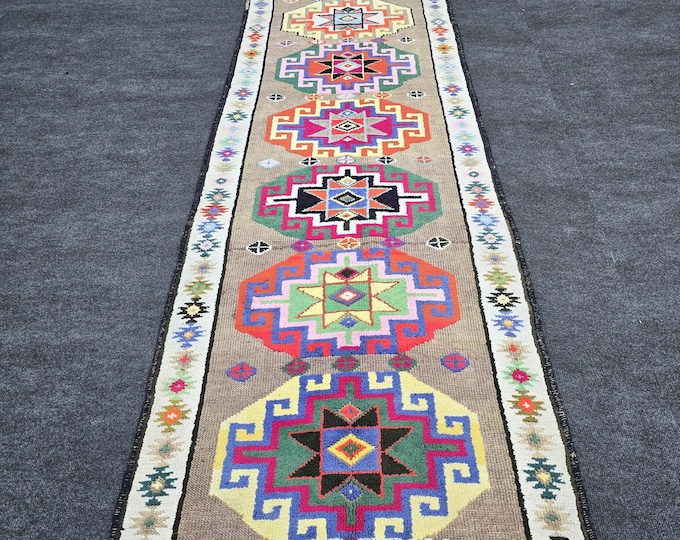 3x10 Vintage Turkish Oushak Runner Rug, Handmade Wool Colorful Tribal Hallway Carpet (2'8" x 10')