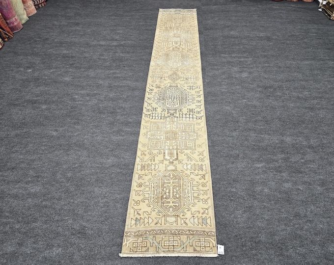 2x12 Vintage Turkish Runner Rug, Beige Brown Geometric Wool Hallway Rug, Tribal Decor