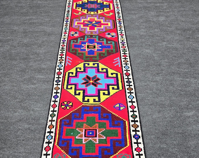 3x12 Vintage Turkish Runner Rug, Hot Pink Multicolor Geometric Wool, Long Tribal Hallway Decor