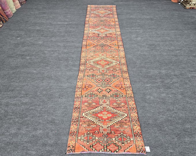 3x13 Vintage Turkish Oushak Wool Runner Rug, Coral Rust Geometric Tribal Hallway Carpet