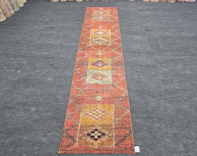 3x11 Vintage Turkish Runner Rug, 2'6" x 10'7" Rust Orange Geometric Wool Hallway Carpet