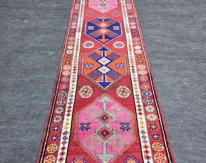 3x13 Vintage Turkish Wool Runner Rug, Pink Blue Geometric Tribal Hallway Carpet (2'9" x 13'4")