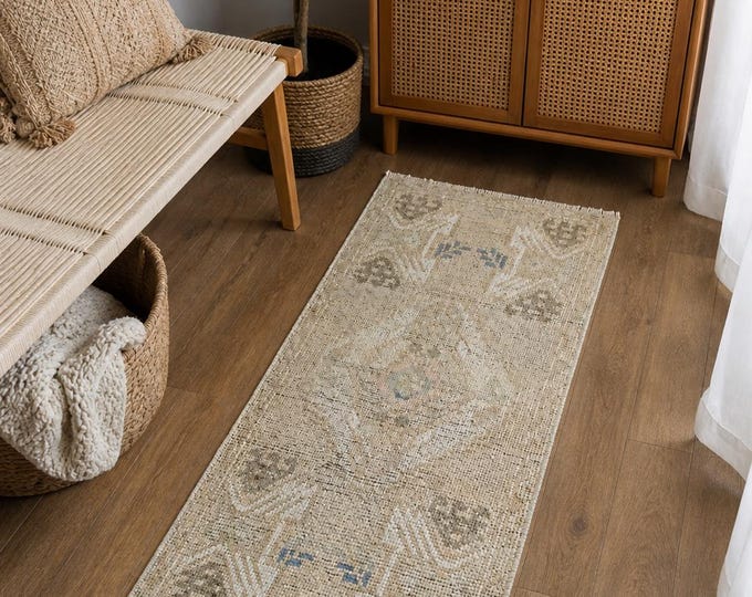 2x3 Vintage Turkish Oushak Rug, Handmade Wool Neutral Minimalist Entryway Accent Rug