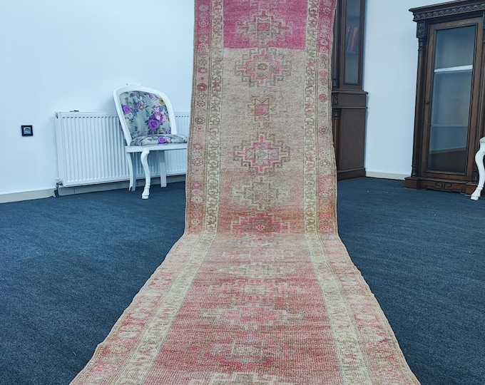 3x12 Vintage Turkish Herki Wool Runner Rug, Faded Pink Beige Hallway Carpet