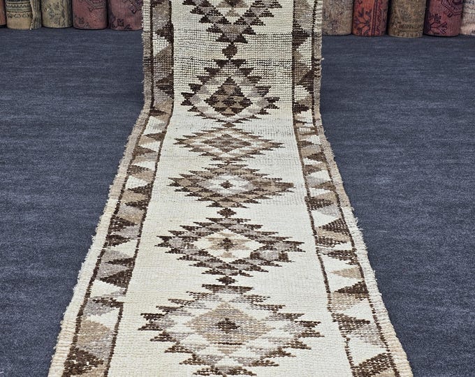 3x11 Vintage Turkish Kilim Runner Rug, Ivory Brown Geometric Wool Hallway Carpet (2'8" x 10'10")