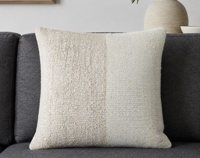 19x19 Vintage Kilim Pillow Cover, Neutral Wool Textured Boho Throw Cushion, Turkish Farmhouse Decor