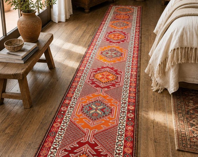3x18 Vintage Turkish Runner Rug, Hand-Knotted Wool, Orange Red Geometric Hallway Rug