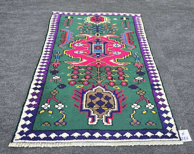 3x4 Vintage Turkish Tribal Rug, Green Wool Area Rug, Colorful Anatolian Folk Art
