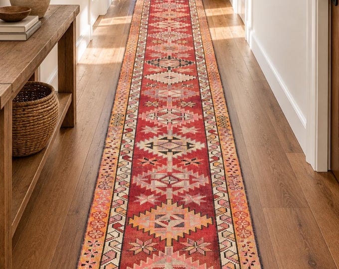 2x13 Vintage Turkish Runner Rug, Red Wool Geometric Anatolian Hallway Carpet