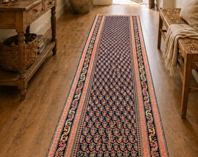 3x16 Vintage Turkish Runner Rug, Handmade Wool Navy Blue Floral Hallway Carpet