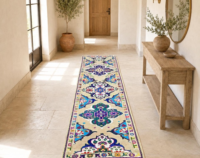 3x11 Vintage Turkish Runner Rug, Beige Wool Hallway Carpet, Hand-Knotted Floral Anatolian Design