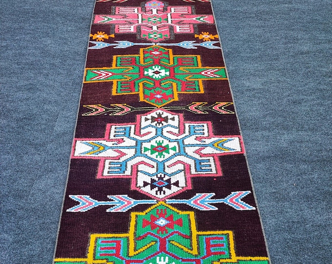 2x15 Vintage Turkish Wool Runner Rug, Handwoven Colorful Geometric Hallway Rug 2'2" x 14'6"