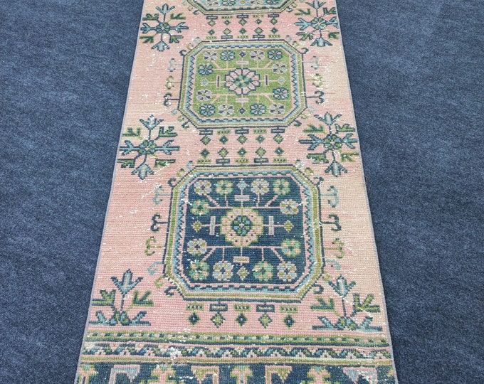 2x20Vintage Turkish Wool Runner Rug, Blush Green Geometric Extra Long Hallway Design (2'5" x 19'8")