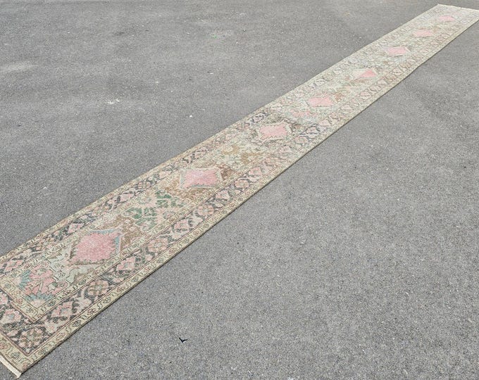2x20 Vintage Turkish Oushak Runner Rug, Faded Pink Handmade Wool Extra Long Hallway Runner