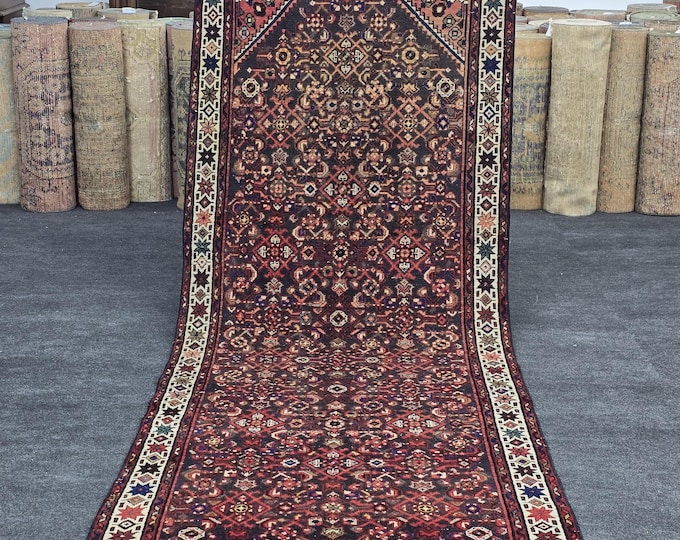 4x11 Vintage Turkish Runner Rug, Handmade Wool Persian Style Geometric Hallway Carpet 3'6" × 10'5"