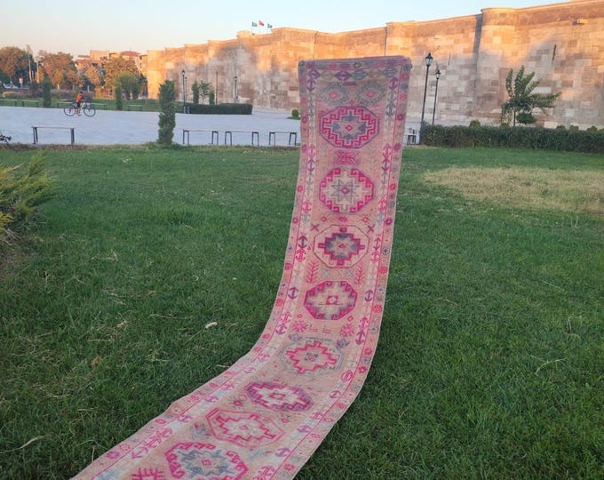 3x20 Vintage Turkish Runner Rug, Faded Pink Wool Extra Long Anatolian Hallway Runner