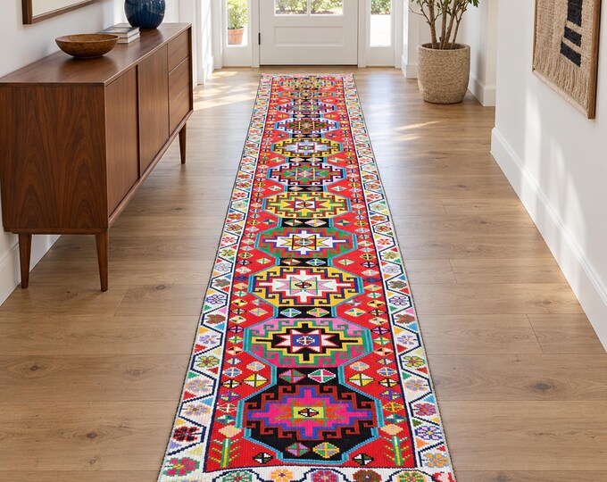 3x13 Vintage Turkish Herki Runner Rug, Colorful Red Tribal Wool Hallway Rug, Home Decor