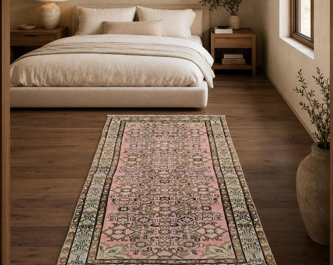 4x7 Vintage Turkish Oushak Area Rug, Handmade Wool Pink Anatolian Boho Living Room Carpet