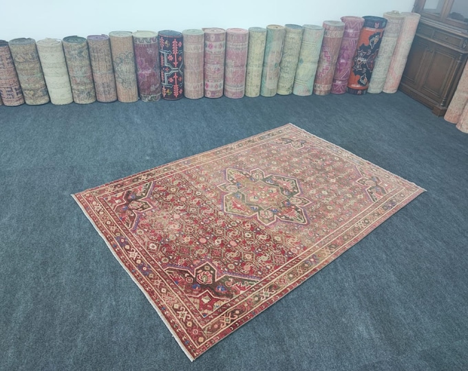 5x7 Vintage Turkish Wool Area Rug, Rust Red Geometric Medallion, Handmade Living Room Carpet