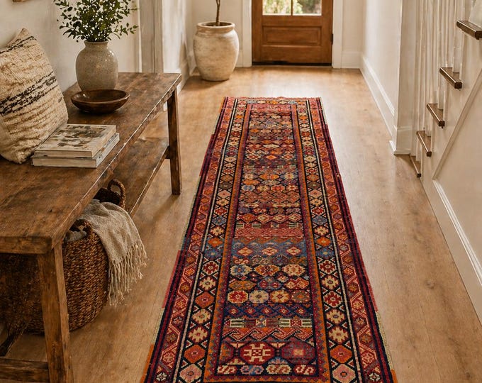 2x9 Vintage Turkish Runner Rug, Handmade Wool Anatolian Geometric Hallway Carpet