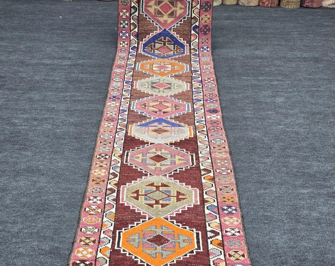 3x15 Vintage Turkish Wool Runner, Burgundy Geometric Hallway Rug (2'8" x 14'8")