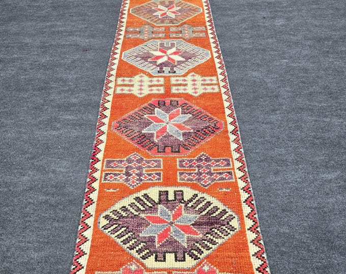 2x12 Vintage Turkish Runner Rug, Bright Orange Wool, Handmade Geometric Tribal Hallway Carpet