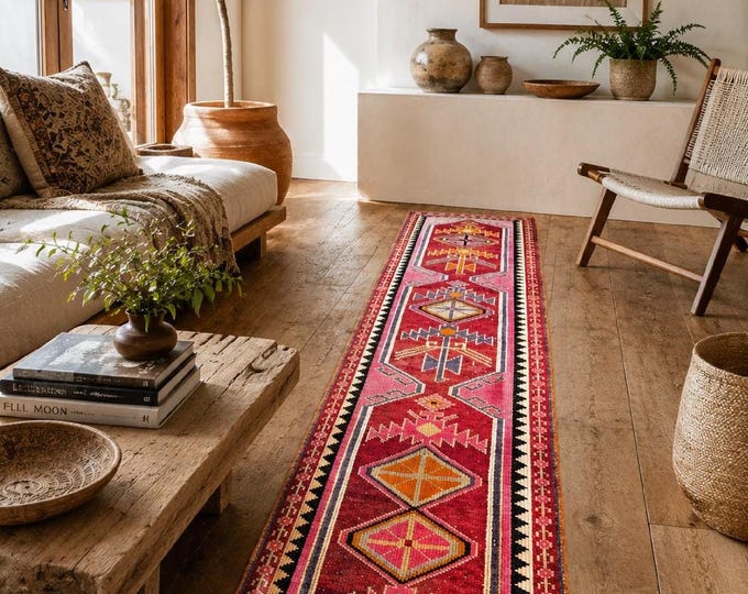 2x12 Vintage Herki Runner Rug, Handmade Wool Pink Red Turkish Hallway Carpet