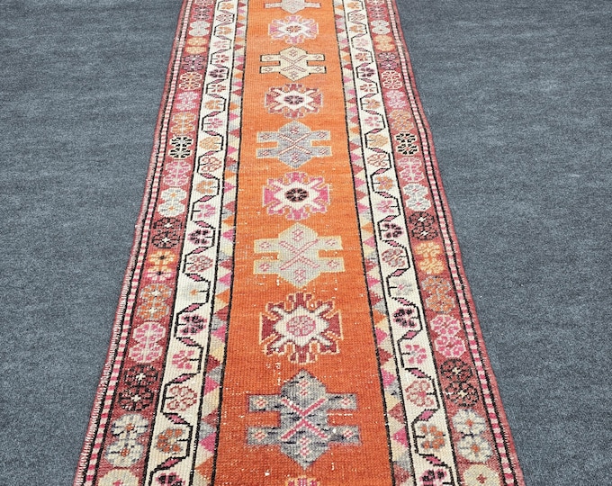 3x12 Vintage Turkish Oushak Runner Rug, Terracotta Orange Floral Wool (2'10" x 12')