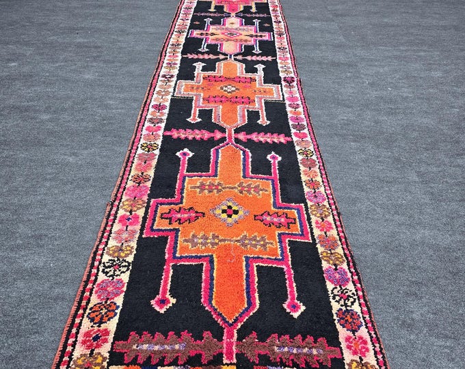 3x13 Vintage Turkish Wool Runner Rug, Black Coral Pink Geometric Hallway Carpet (2'8" x 13'2")