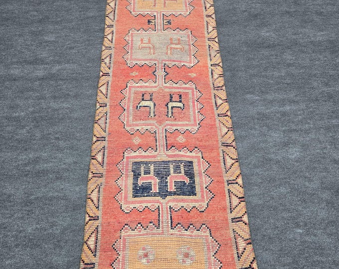 3x9 Vintage Turkish Runner Rug, Faded Coral Tribal Wool Hallway Rug