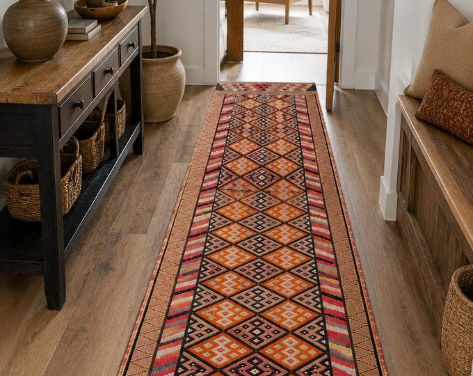 3x14 Vintage Turkish Kilim Runner Rug, Orange Wool Geometric Anatolian Hallway Carpet