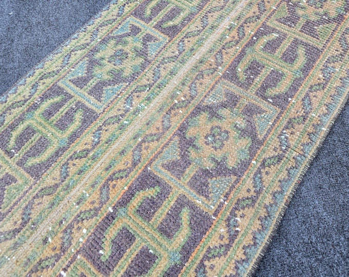2x12 Vintage Turkish Runner Rug, Faded Green Geometric Handmade Wool Hallway Rug