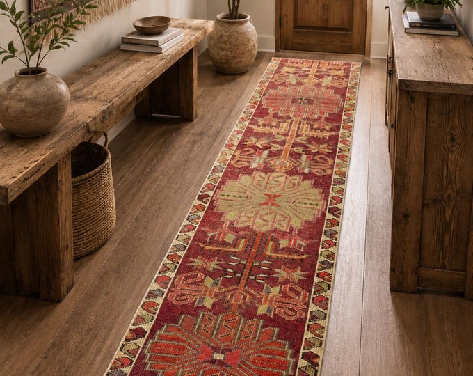 3x14 Vintage Turkish Oushak Runner Rug, Burgundy Handmade Wool Tribal Anatolian Hallway Carpet